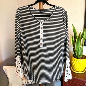 Lace Sleeve Striped Henley Top XL